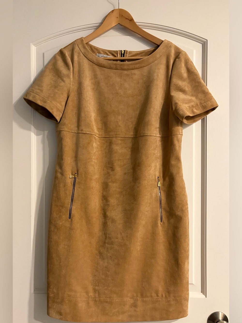 Phoebe Couture Suede Short-Sleeve Shift Dress in Camel Size 12